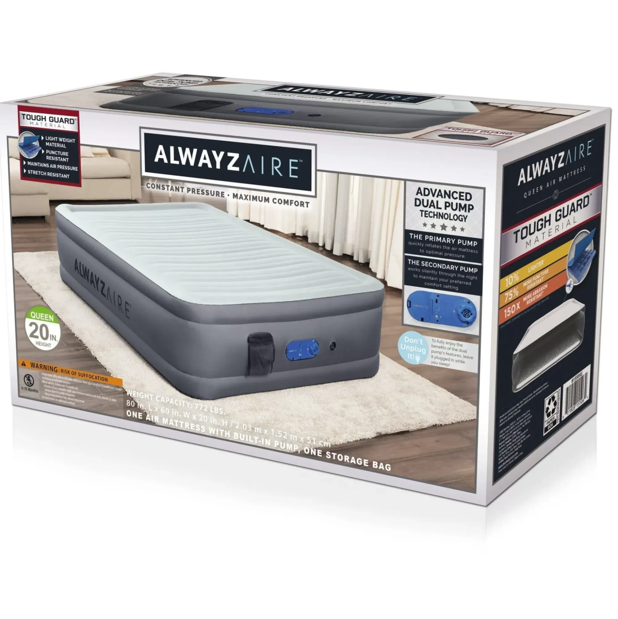 Bestway Indoor Air Mattresses< Alwayzaire Tough Guard Air Mattress Queen 20 With Built-In Dual Pump And Antimicrobial Coating