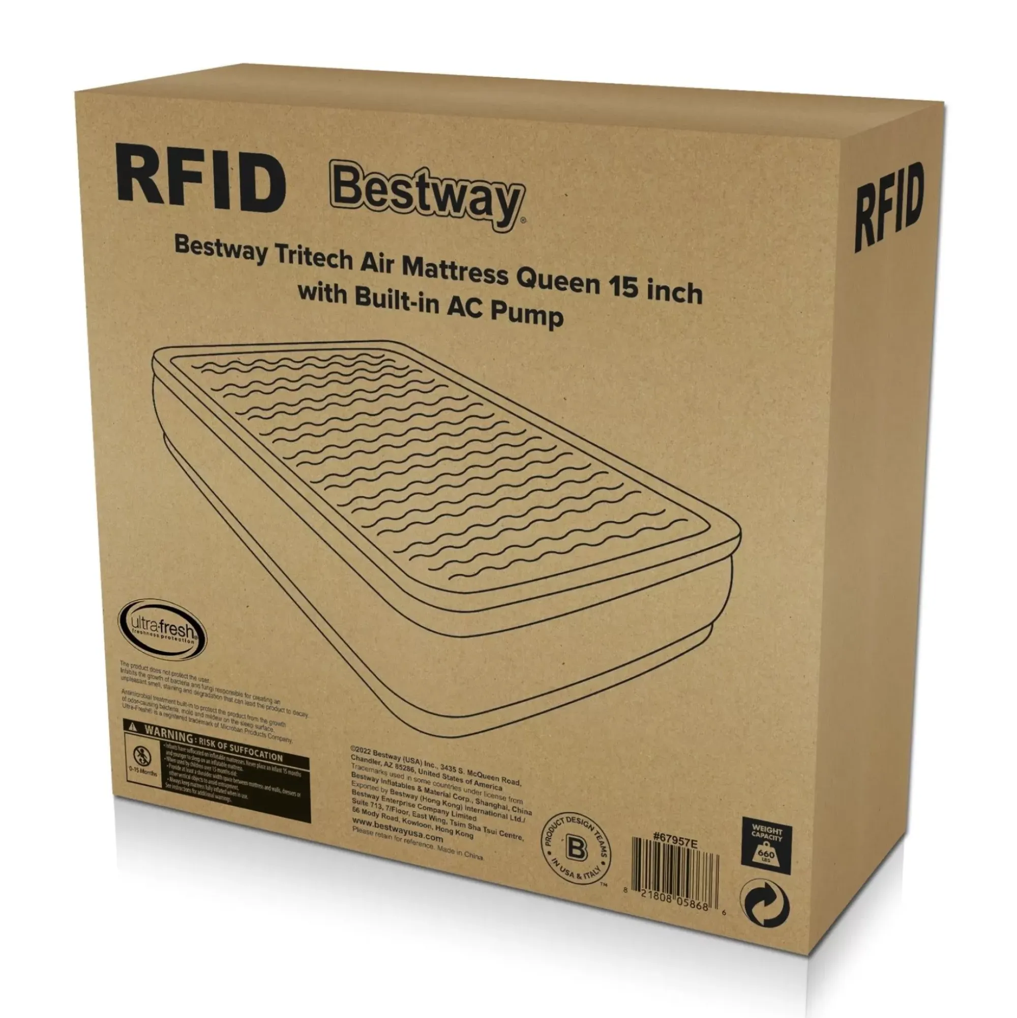 Bestway Indoor Air Mattresses< Tritech Air Mattress Queen 15 With Built-In Ac Pump Included And Antimicrobial Coating