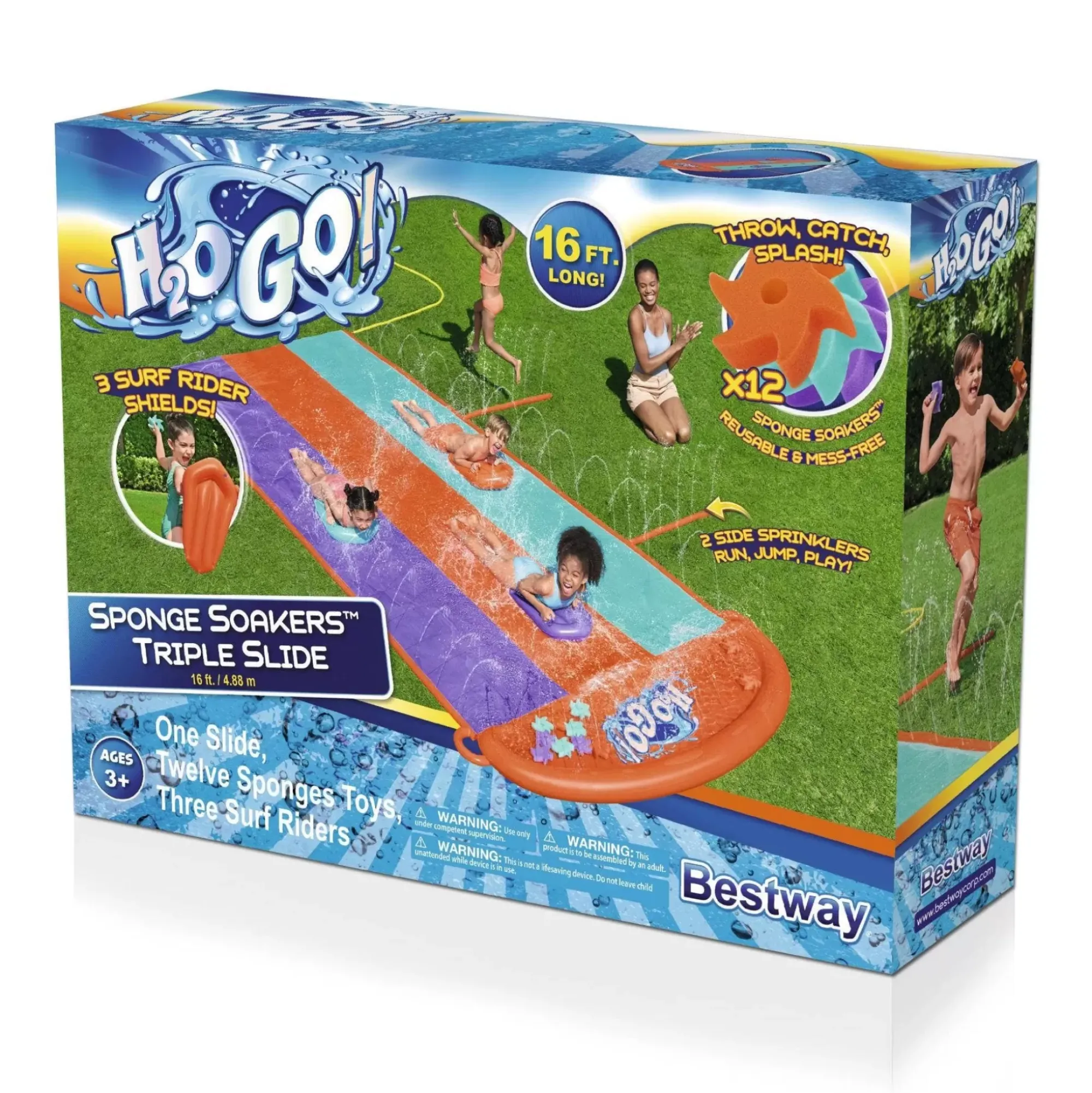 Bestway Water Slides<H2Ogo! 16' Triple Water Slide With Sponge Soakers Toys And Three Riders